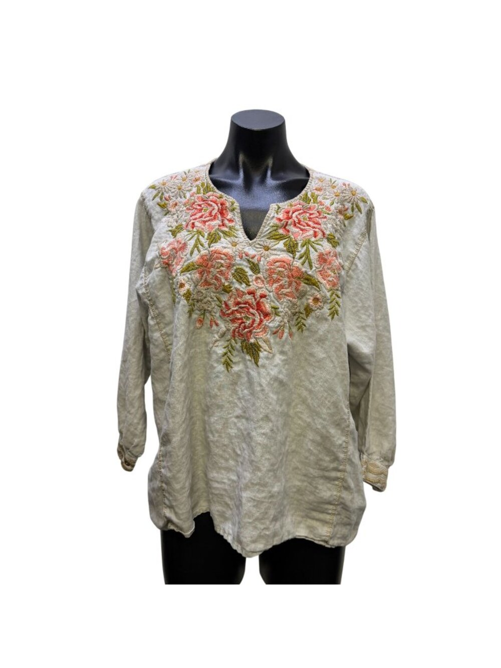Johnny Was Linen Embroidered Floral Blouse Gray Multicolor M